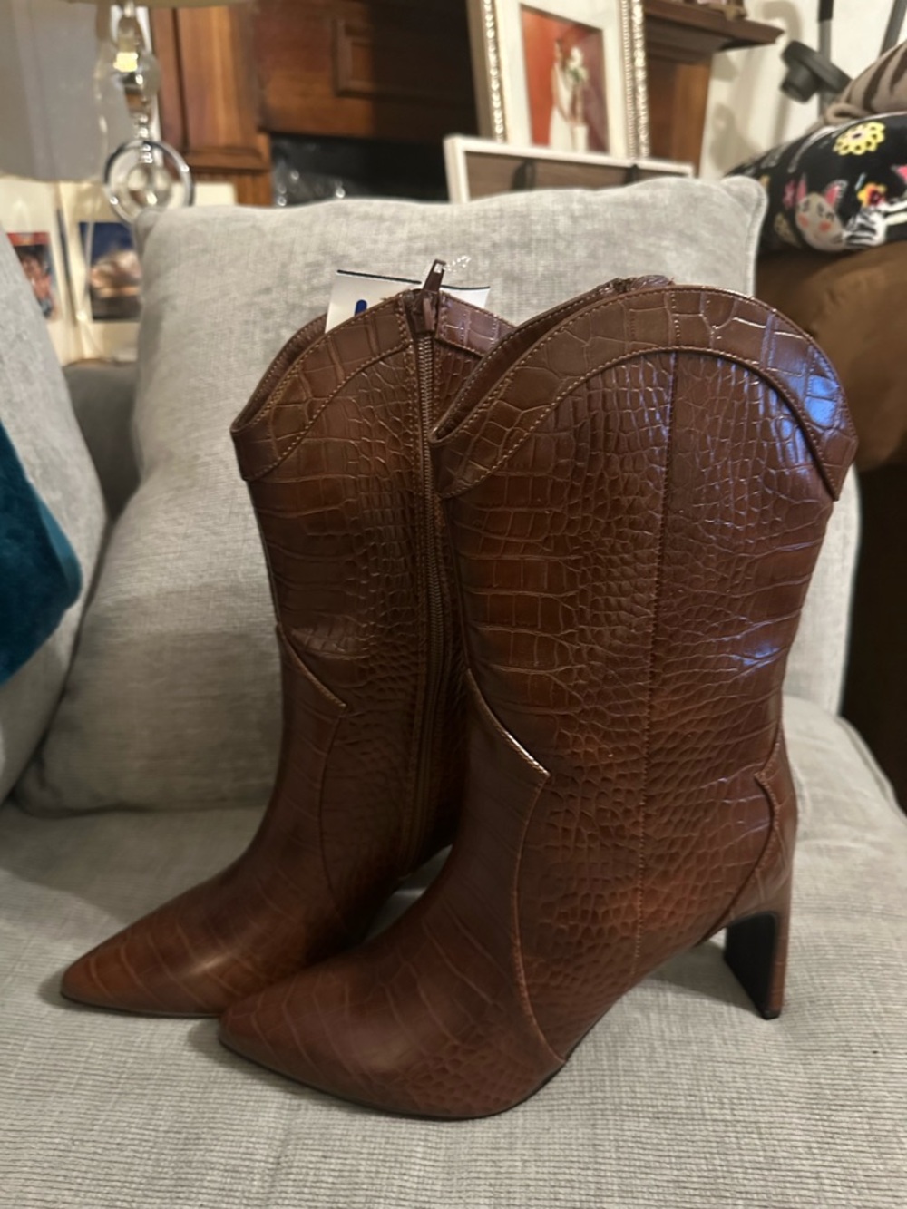 Women’s Pointed-Toe Brown Croc-Embossed Mid-Calf Boot